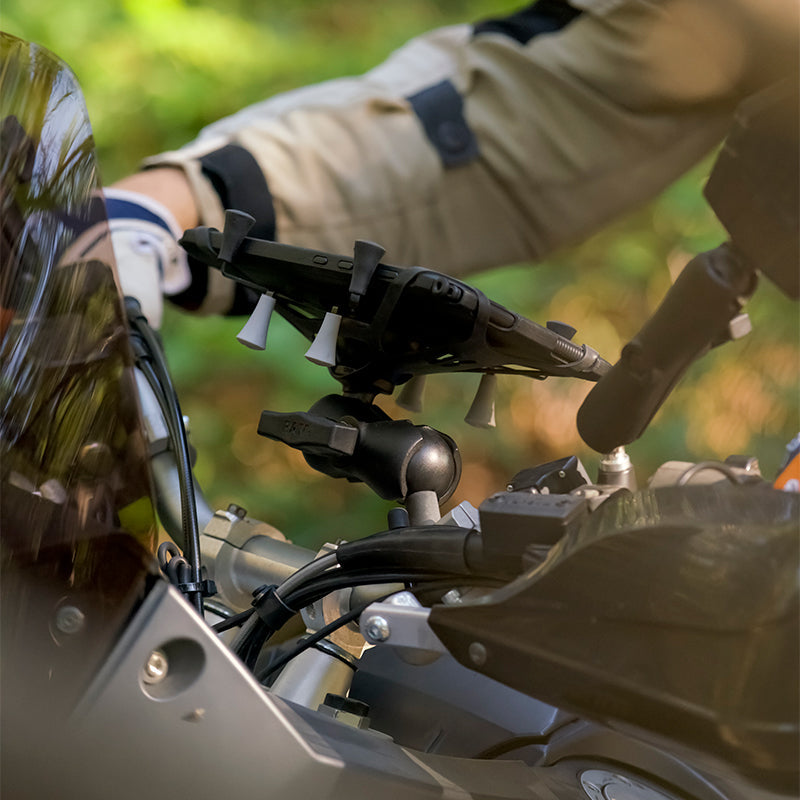 RAM-HOL-UN8BCU tablet holder on a motorcycle with separately sold mounting parts