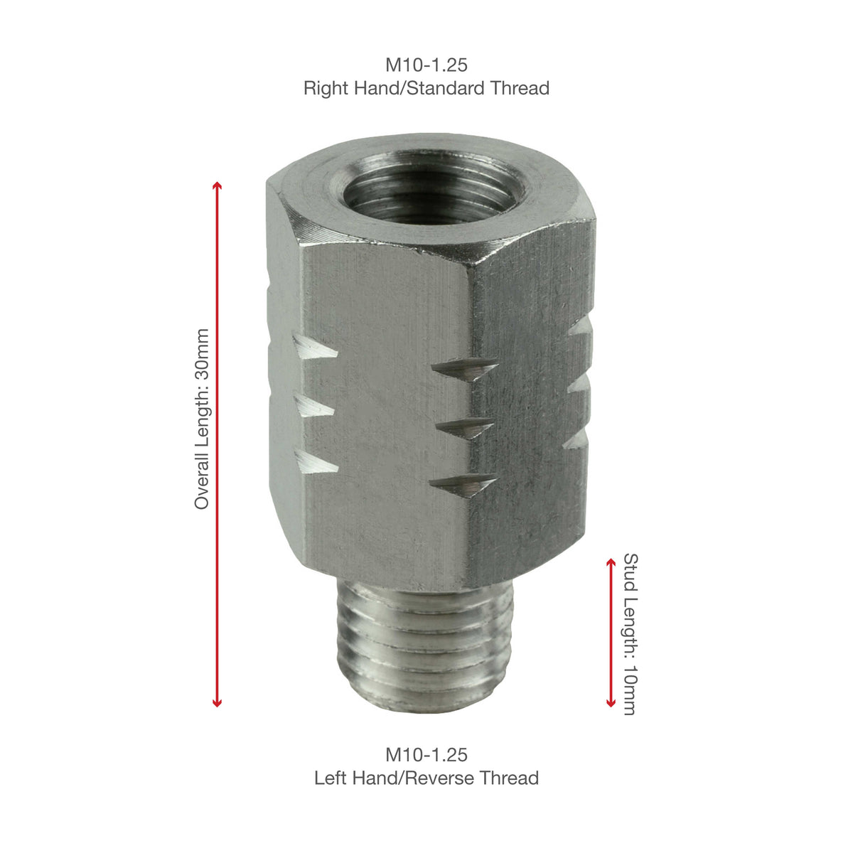 RAM-M10125-RTA official diagram showing female right-hand thread, male left-hand thread, 30mm overall and 10mm stud