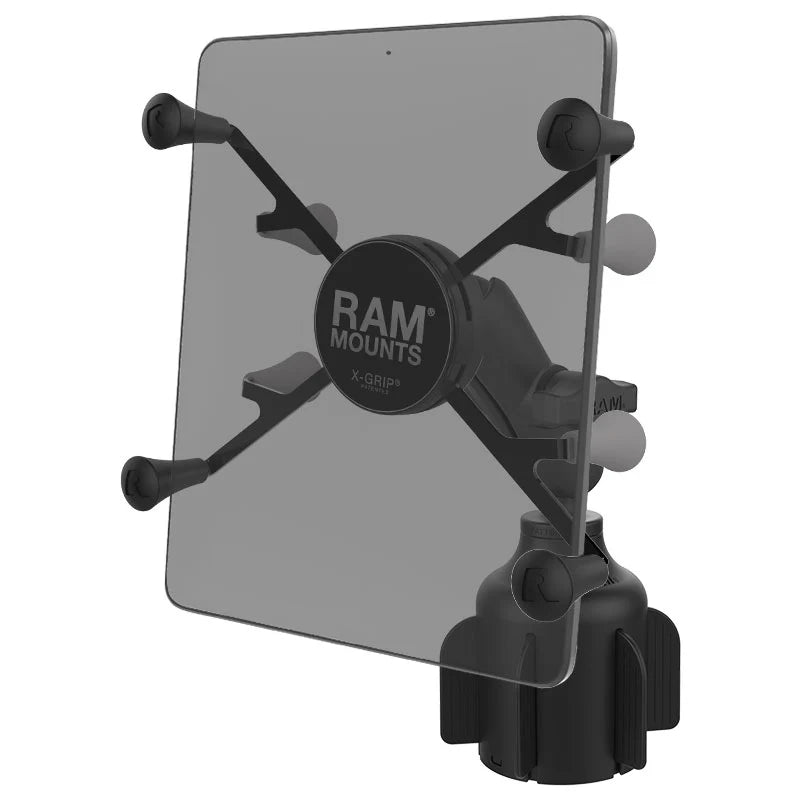 RAM X-Grip UN8 tablet holder with composite B-size arm and Stubby cup holder base, shown assembled; tablet not included