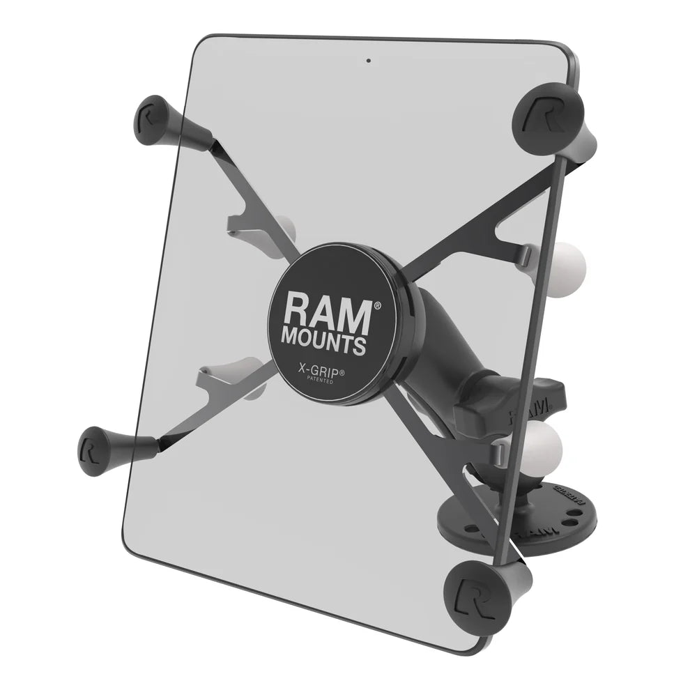 RAM X-Grip UN8 tablet holder with standard B-size arm and round drill-down base, shown assembled; tablet not included