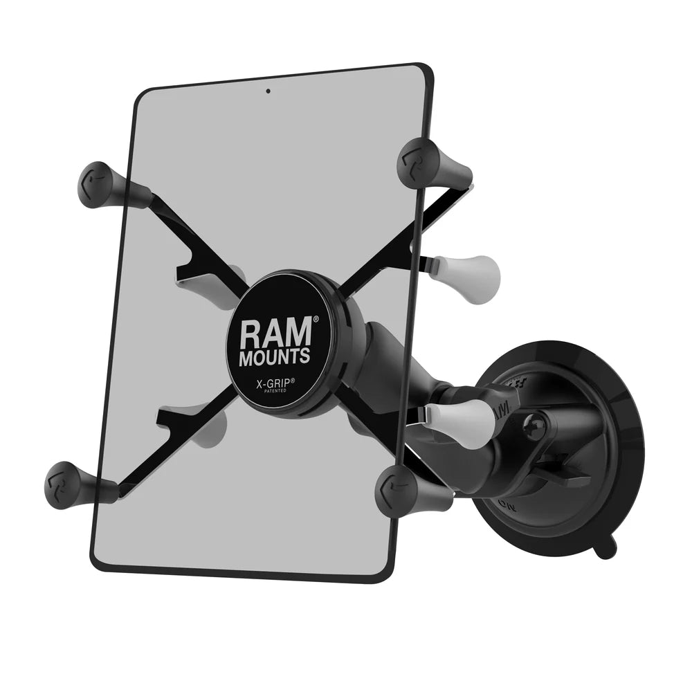RAM X-Grip UN8 tablet holder with standard B-size arm and Twist-Lock suction base, shown assembled; tablet not included
