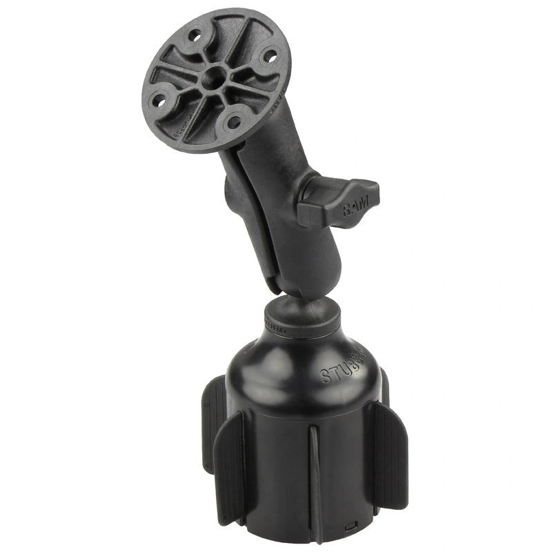 RAM Stubby Cup Holder Mount with Round AMPS Plate RAP-B-299-4-202U, official manufacturer image showing composite medium arm and four-hole AMPS plate