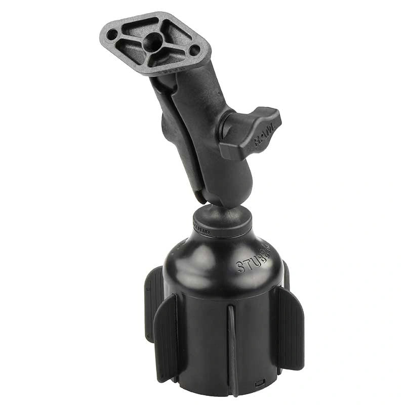 RAM Stubby Cup Holder Mount with Diamond Plate RAP-B-299-4-238U, official manufacturer image showing composite medium arm and two-hole AMPS plate