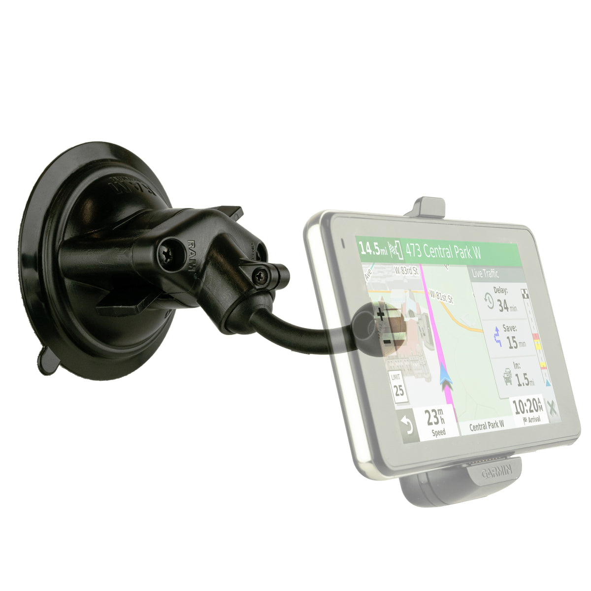 RAM 17mm Garmin suction mount with example GPS and original Garmin bracket; GPS and bracket not included