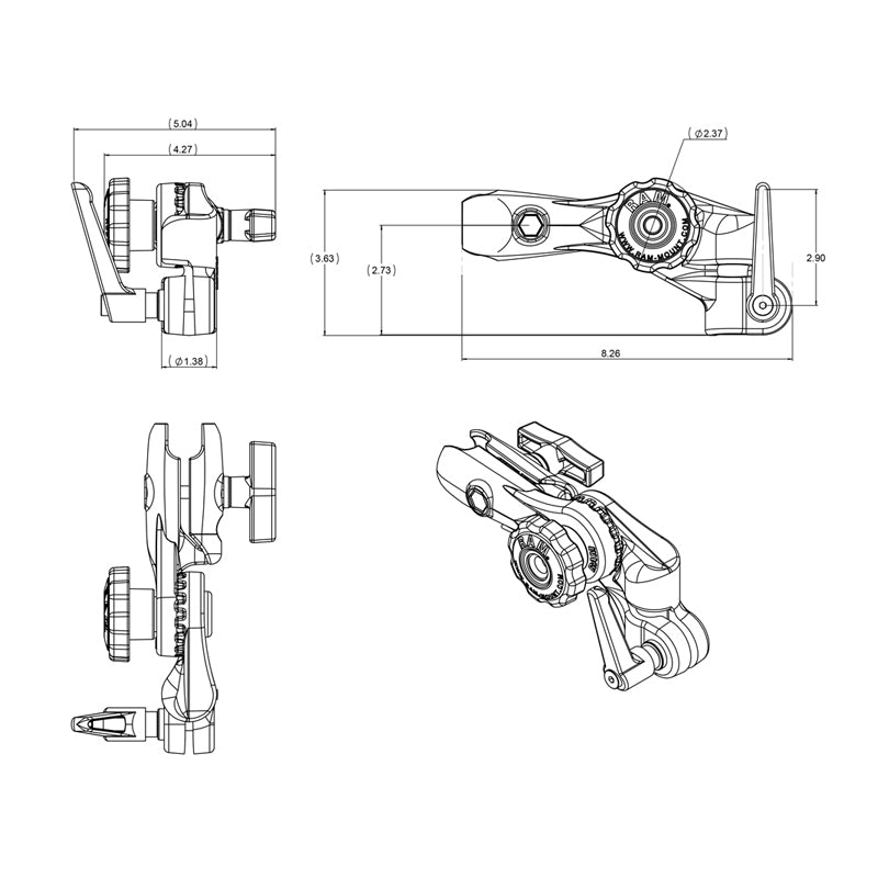 RAM Ratchet &amp; Swing Arm with 1/2" NPT Hole and Arm (RAM-261-ADJU)