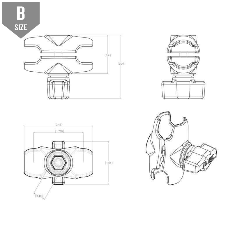 RAM Short Double Socket Clamp Arm B Size (RAM-B-201U-A) - Modest Mounts