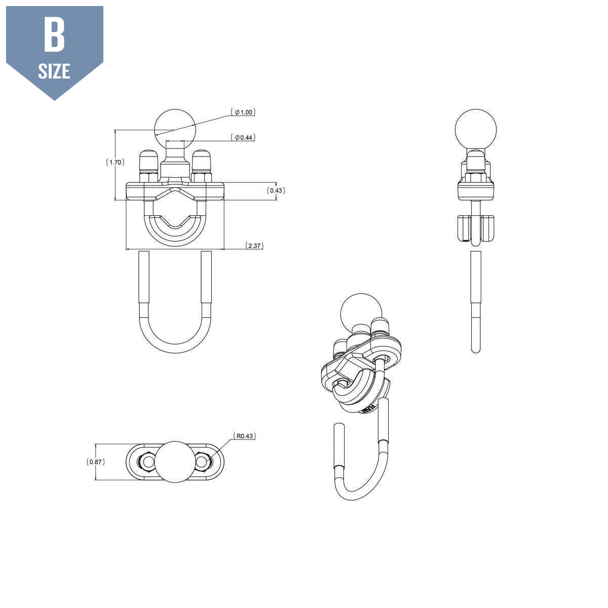 RAM Rail Base with Stainless Steel U-Bolt & 1" Ball (RAM-B-231U) - Modest Mounts