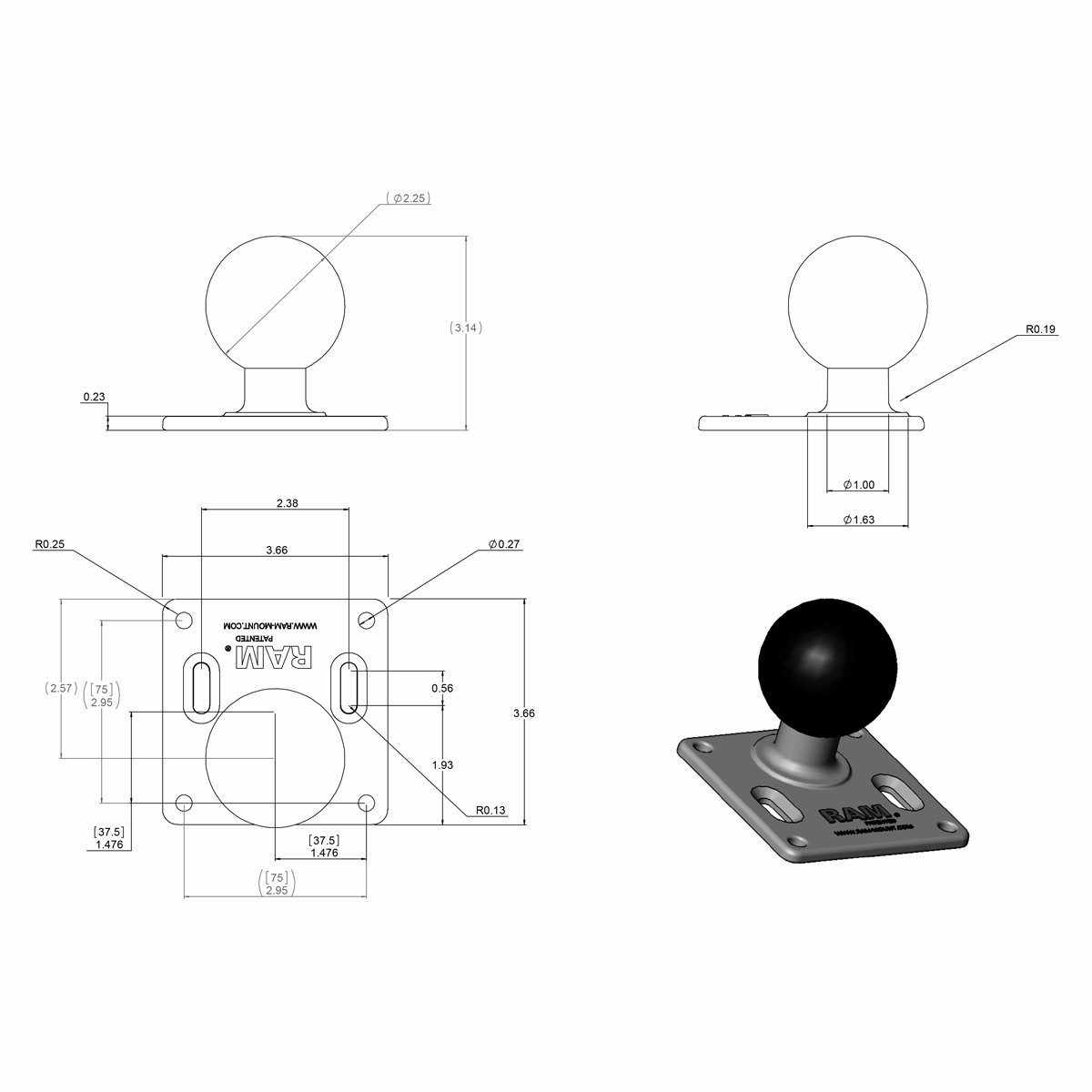 RAM 75x75mm VESA Plate with D Ball (RAM-D-2461U) - Modest Mounts