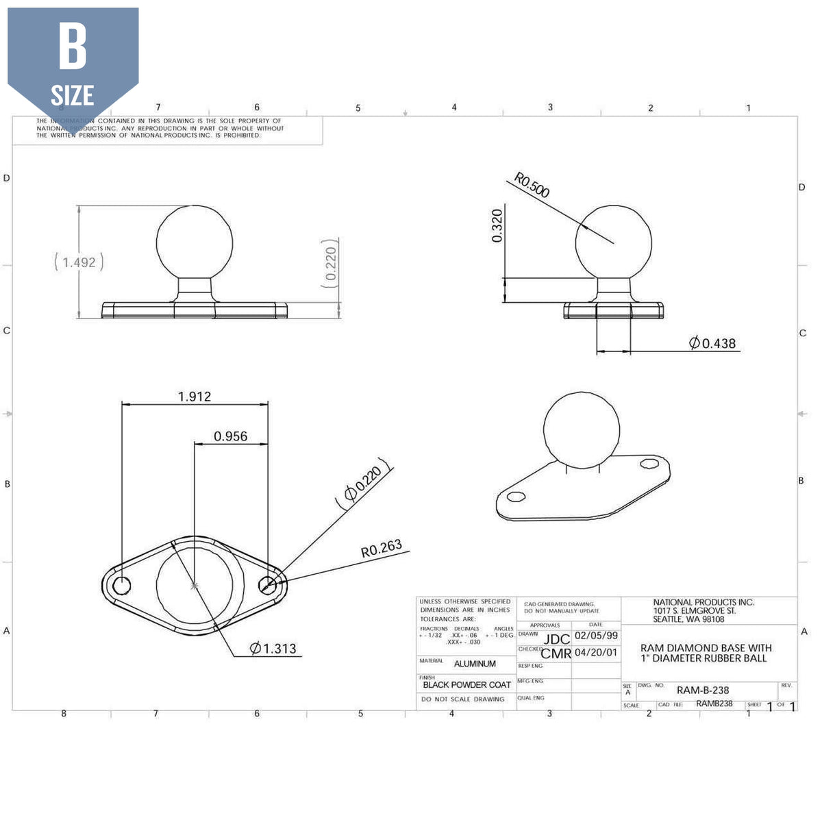RAM Diamond Base with 1" B Size Ball (RAM-B-238U) - Modest Mounts