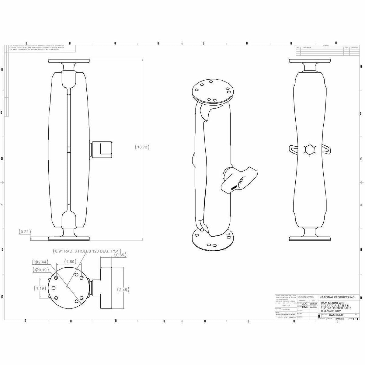 RAM Long Clamp Arm with Round Bases - C Size (RAM-101U-D) - Modest Mounts