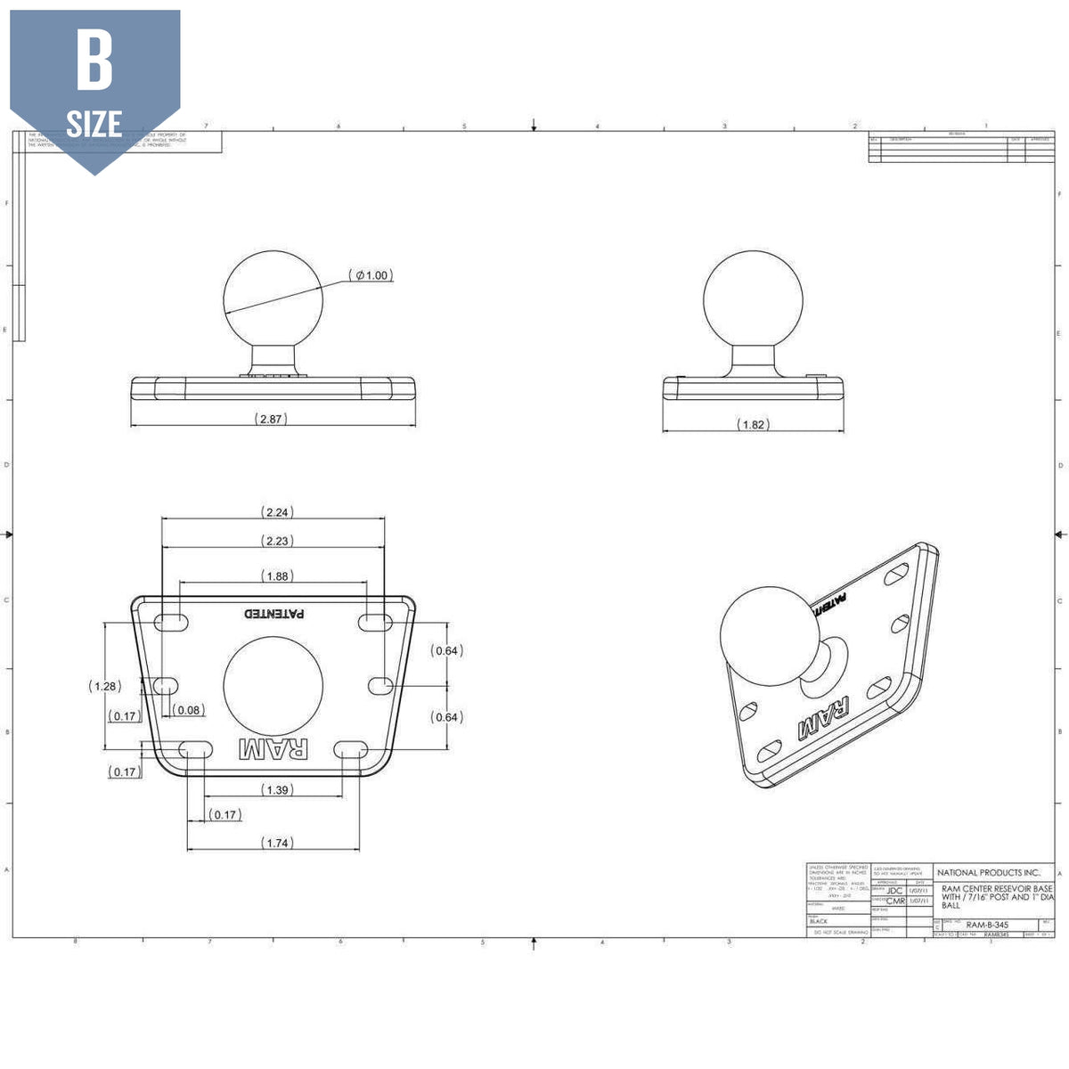 RAM Motorcycle Brake/Clutch Reservoir Base w 1" Ball (RAM-B-345U) - Modest Mounts
