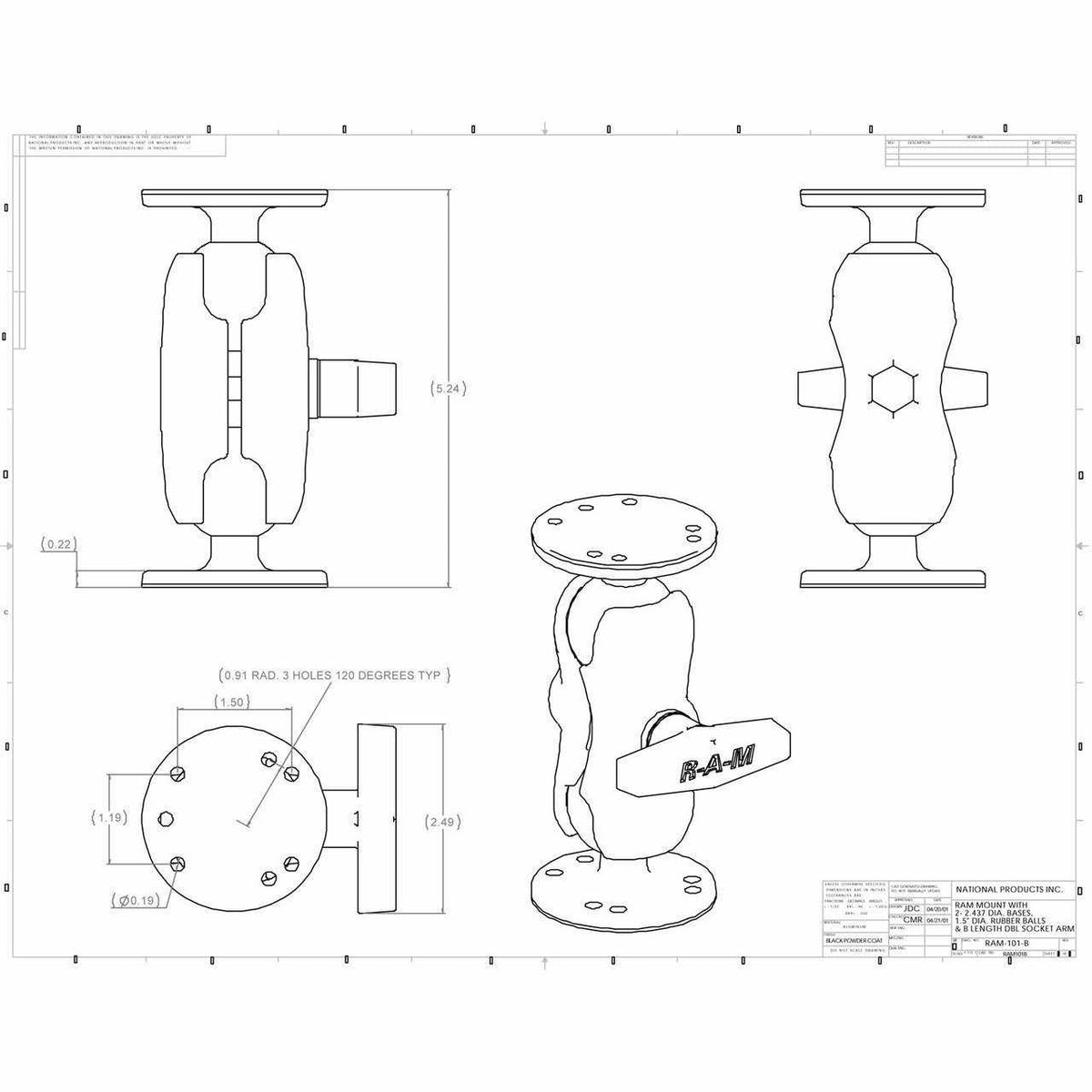 RAM Short Socket Arm Two Round Bases C (RAM-101U-B) - Modest Mounts