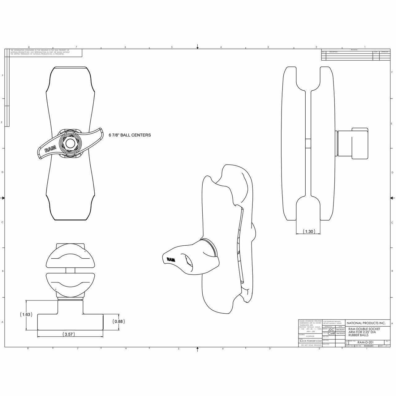 RAM Standard Clamp Arm D Size 2.25" (RAM-D-201U) - Modest Mounts