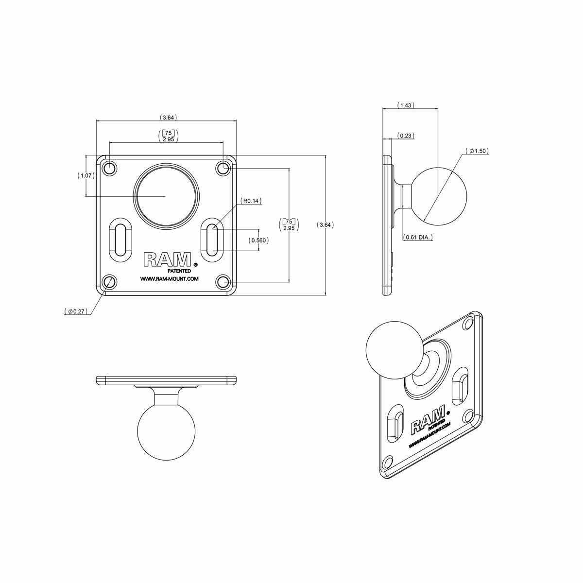 RAM 75x75mm VESA Plate with C Ball (RAM-2461U) - Modest Mounts